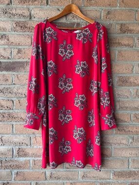 LOFT Floral Shift Dress Red Long Sleeve Tunic Boho Work Casual